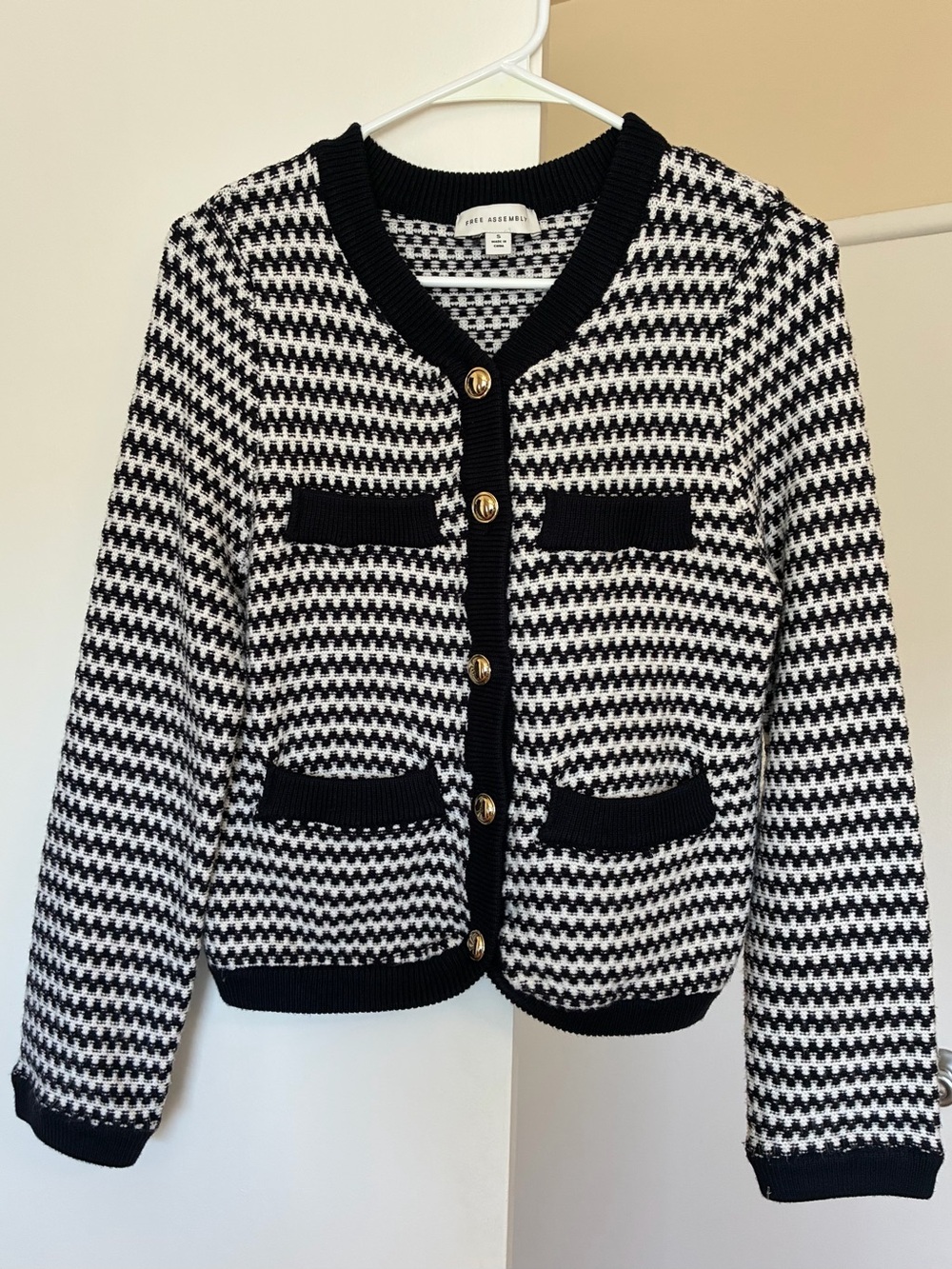Free Assembly Womens Navy & White Patterned Cardigan Sweater Gold Buttons size S